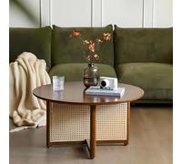 Moderna mesa de centro redonda de ratán de madera maciza, mesa de noche estrecha para sala de estar, apartamento y oficina, acabado de nogal, 80 x 40 cm