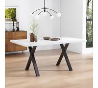Moderna mesa de comedor y mesa de centro con estructura en cruz - Mesa rectangular de hierro forjado con aspecto de mármol, 140 x 80 x 76 cm, negro/blanco, estable y versátil para salón y comedor