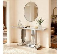 Moderna mesa de espejo de 120 cm - Elegante mesa consola con aspecto plateado y base estable en forma de U, resistente a los arañazos y fácil de limpiar, mesa de salón de lujo para iluminar