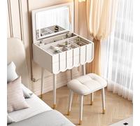 Moderna mesa de maquillaje con luces LED ajustables de 3 colores, espejo plegable, 3 cajones, tocador blanco con taburete acolchado para dormitorio y sala de maquillaje