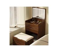 Moderna mesa de maquillaje con luces LED, espejo grande y taburete, tocador de madera para dormitorio, acabado de nogal, elegante estación de cosméticos de altura ajustable