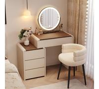 Moderna mesa de maquillaje de madera con espejo inteligente y luces LED, elegante tocador y armario de almacenamiento para dormitorio de mujeres y niñas (70 cm, caqui)