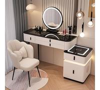 Moderna mesa de maquillaje de oro blanco con altavoz Bluetooth, carga inalámbrica, 3 niveles de brillo, 5 cajones, tocador elegante para decoración del hogar y funcionalidad