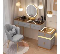 Moderna mesa de maquillaje de oro blanco con altavoz Bluetooth, carga inalámbrica, 3 niveles de brillo, 5 cajones, elegante tocador para decoración del hogar, 100 cm, color gris dorado