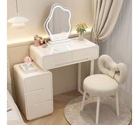 Moderna mesa de tocador 3 en 1 con luces LED, escritorio compacto de maquillaje y sillas, elegante mueble de tocador blanco brillante con cajones para dormitorio de mujer