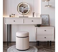 Moderna mesa de tocador con cajones, espejo y luces, escritorio de maquillaje compacto para espacios pequeños, tocador con iluminación LED de 3 colores, color blanco, madera E1, ideal para sala de