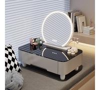 Moderna mesa de tocador con espejo y cajones, elegante escritorio de maquillaje para dormitorio y sala de estar, innovador diseño de tapa de cristal, solución de habitación pequeña que ahorra espacio