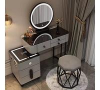 Moderna mesa de tocador de maquillaje con 5 cajones, espejo iluminado con 3 ajustes de color, taburete de 2 puertas incluidas, perfecto para configuración de maquillaje de dormitorio
