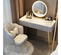 Moderna mesa de tocador de maquillaje con espejo, 5 cajones, 3 modos de color, juego de tocador para dormitorio, 40 pulgadas, gris y naranja, elegante tocador para maquillaje y almacenamiento