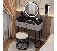 Moderna mesa de tocador de maquillaje con espejo LED, parte superior de cristal, juego de tocador para dormitorio, taburete tapizado, elegante diseño gris y negro para mujeres y niñas