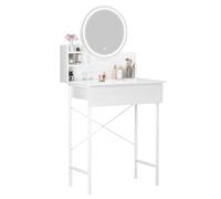 Moderna mesa Vani blanca con espejo redondo pequeño escritorio de maquillaje, 1 Der y 2 estantes abiertos, luces de brillo ajustable, tocador para el hogar y el dormitorio