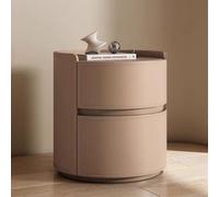 Moderna mesita de noche de madera maciza con acabado de cuero de sillín, 2 cajones, diseño redondo pequeño para dormitorio, marrón, 40 cm, elegante y funcional para decoración del hogar