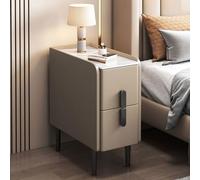 Moderna mesita de noche de piel sintética con parte superior de mármol, mesa auxiliar S, 2 Ders y patas de metal, versátil armario para dormitorio en color caqui elegante