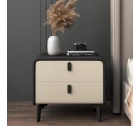 Moderna mesita de noche negra con 2 cajones, elegante mesita de noche de madera con patas de metal y piel sintética, muebles de dormitorio contemporáneos para una decoración elegante