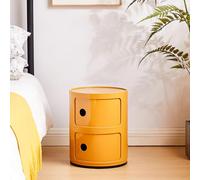 Moderna mesita de noche redonda amarilla con cajones deslizantes, armario de almacenamiento de 2 capas, mesa auxiliar versátil para sala de estar y dormitorio, con varios estantes.