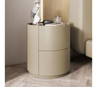 Moderna mesita de noche redonda de madera maciza con cajones dobles, acabado caqui (15.8 x 15.8 x 19 pulgadas), ideal para almacenamiento y decoración de dormitorio, acento blanco.