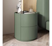 Moderna mesita de noche redonda de madera maciza con cajones dobles para dormitorio, elegante mesa de noche de madera maciza verde fruta y solución de almacenamiento funcional