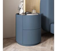 Moderna mesita de noche redonda minimalista en madera maciza con cajones dobles, color azul neblina, 15.8 x 15.8 x 19 pulgadas, perfecta para almacenamiento y decoración de dormitorio.