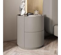 Moderna mesita de noche redonda minimalista en madera maciza con cajones dobles, ideal para dormitorios pequeños, mesita de noche de madera gris mediana para espacios de sueño elegantes