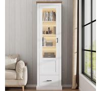 Moderna vitrina LED mate con puerto USB, mando a distancia en 16 colores, vitrina de pie con decoración de madera, armario alto de cristal con cajón, armario de vitrina con 5 compartimentos (50 x 35 x