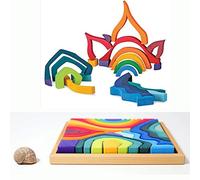 moderngenic Bloques de arcoíris Extra Grandes Cuatro Elementos, Juguetes de Madera para niños, Rompecabezas de construcción geométrica, Juego Educativo de volcán/casa Arcoíris Tienda de campaña par