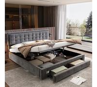 ModernLuxe Cama doble tapizada de 180 x 200 cm con cabecero ajustable, almacenamiento hidráulico y 2 cajones, somier de láminas, tapizado de terciopelo gris sin colchón
