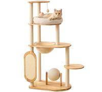 Moderno árbol para gatos con poste rascador, torre de madera maciza para gatos de interior con nido de algodón, cápsula espacial, bola rascadora para gatos y tabla