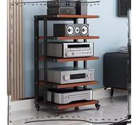 Moderno armario de audio y video de 5 niveles con rueda de freno negra y torre HiFi de teca para consolas de juegos y componentes