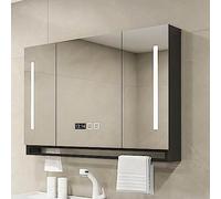 Moderno armario de baño negro de 3 puertas con espejo iluminado LED, antivaho y atenuador, unidad de almacenamiento para montaje en pared, 80 x 12 x 75 cm, solución elegante y funcional para tu baño