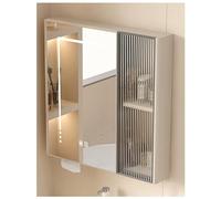 Moderno armario de espejo de baño LED gris, montado en la pared, botón de desniebla, almacenamiento inteligente para encima del inodoro y tocador, perfecto para organizar el maquillaje y decoración