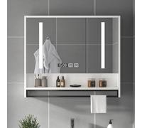 Moderno armario de medicina inteligente con luz LED, antivaho, espejo de tocador de baño, impermeable, con pantalla de tiempo y temperatura, interruptor táctil, toallero, color blanco, 31.5 x 4.7 x