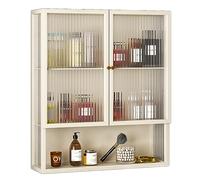 Moderno armario de pared beige con puertas dobles de cristal para sala de estar, dormitorio, baño, cocina, almacenamiento, 70 x 60 x 15 cm