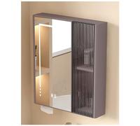 Moderno armario gris con espejo de baño con iluminación LED y función antivaho, almacenamiento montado en la pared sobre el inodoro, botiquín inteligente para una experiencia similar al spa