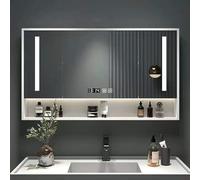 Moderno armario gris con espejo de baño con reloj antivaho y soporte de superficie para pantalla de temperatura, 24 x 4 x 28 pulgadas