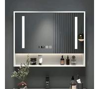 Moderno armario gris con espejo de baño con reloj antivaho y superficie de visualización de temperatura montado con iluminación, 61 x 10 x 71 cm