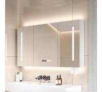 Moderno armario LED con espejo de baño, 80 x 70 cm, 3 puertas, antivaho, con pantalla de reloj, sensor táctil, toma de corriente y soporte para toallas de papel, solución de almacenamiento elegante