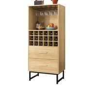 Moderno armario para vino con soporte para copas y 18 compartimentos abiertos para botellas, dos cajones grandes para almacenamiento, aspecto de madera con patas de metal negro mate, aparador para