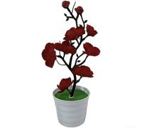 Moderno arreglo floral artificial con 7 flores de ciruela de invierno y 2 capullos en maceta ondulada para espacio de vida de apartamento de estudio (rojo brillante)