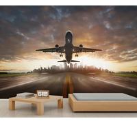 Moderno avión de pasajeros mural - aeropuerto pista y puesta de sol fondo, autoadhesivo gran papel pintado para la habitación del amante de la aviación 100x100cm (No es autoadhesivo)