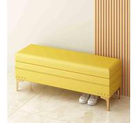 Moderno banco de almacenamiento de cuero sintético amarillo rectangular asiento de entrada con patas de metal, elegante otomana que ahorra espacio para dormitorio, solución de almacenamiento elegante.