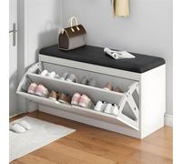 Moderno banco de almacenamiento de madera con puertas abatibles y asiento acolchado, 2 niveles, color negro, 80 cm de largo x 23 cm de ancho x 45 cm de alto, muebles de entrada y decoración del hogar.