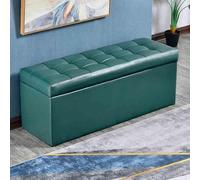Moderno banco de almacenamiento verde oscuro, puf de madera maciza para entrada, contenedor de cama, asiento tapizado de cuero versátil con patas, elegante diseño rectangular.
