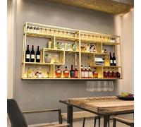 Moderno Botellero Montado En La pared Grande Estante de vino Decorativo Industrial de Metal con Portavasos para Copas Portabotellas de 4 Niveles Barra Estante de Exhibición (Gold, Right,120cm)