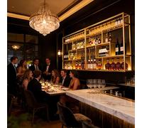 Moderno Botellero Montado En La pared Grande Estante de vino Decorativo Industrial de Metal con Portavasos para Copas Portabotellas de 4 Niveles Barra Estante de Exhibición (Gold, Right ,150cm)