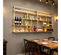 Moderno Botellero Montado En La pared Grande Estante de vino Decorativo Industrial de Metal con Portavasos para Copas Portabotellas de 4 Niveles Barra Estante de Exhibición (Gold, Left,150cm)