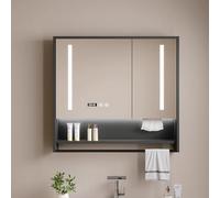 Moderno botiquín inteligente LED con espejo antivaho y tres luces de color, montado en la pared, armario de almacenamiento de baño con visualización de tiempo, agujero para papel y barra de toalla