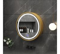 Moderno botiquín LED con iluminación ajustable de tres colores y función de desempañamiento de un clic, montado en la pared, armario redondo de madera maciza con espejo para almacenamiento de baño,