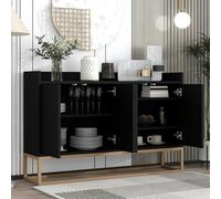 Moderno buffet de cocina de madera con 4 puertas ajustables de 3 posiciones, estantes de metal dorado, armario de almacenamiento para sala de estar, 120 x 30 x 80 cm, elegante mueble negro para