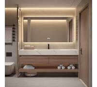 Moderno cuarto de baño con fregadero individual o doble, armario de madera maciza y espejo LED antiniebla espacioso para decoración del hogar