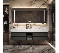 Moderno cuarto de baño de 92 pulgadas con doble lavabo, LED inteligente, diseño flotante, madera gris, para baños contemporáneos